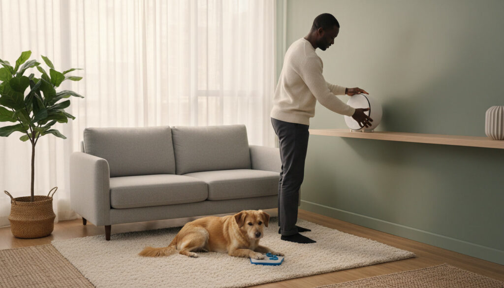 Man setting up white noise machine for dog.