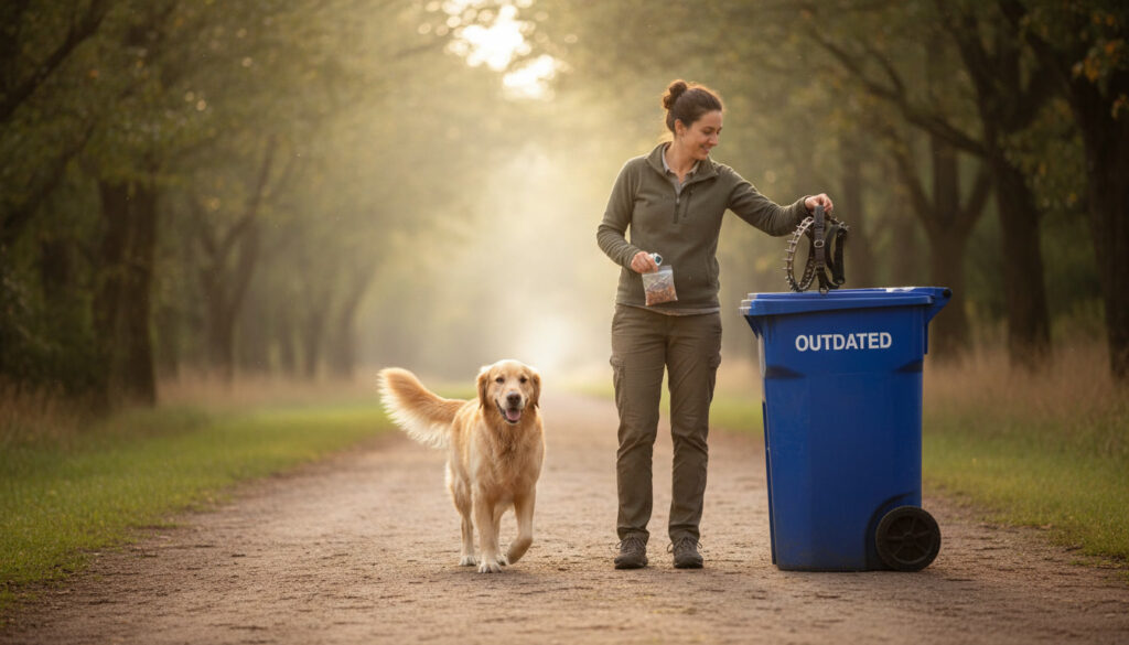 Woman throwing away outdated training methods into a trash bin.