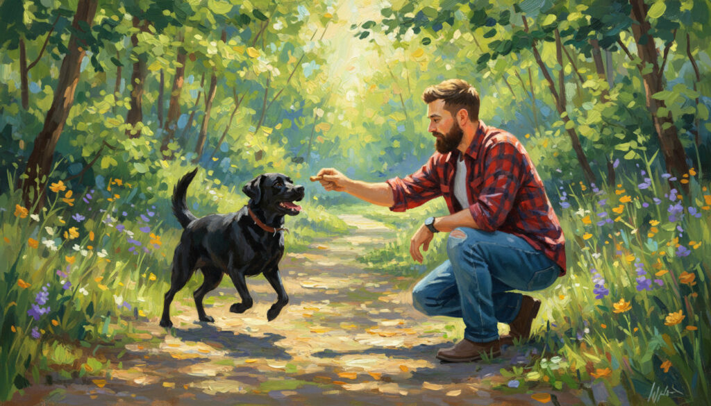 Man feeding black lab a treat on forest path.