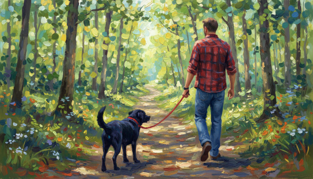 Man walking black lab on leash in forest trail.