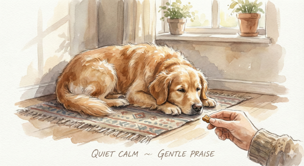 A bored dog with the owner utilizing gentle praise.