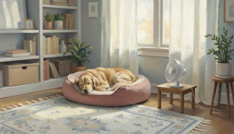 Dog sleeping on dog bed near sunny window in corner of bedroom.