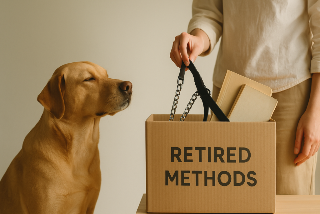 A dog looking at a box of retired training methods.