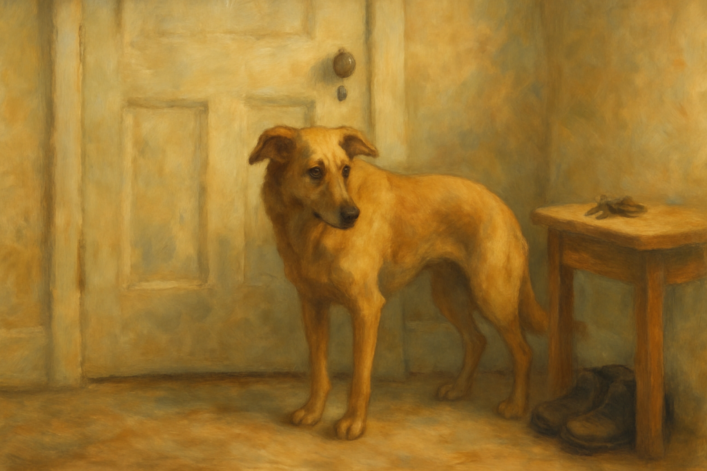 A dog standing next to the door waiting for its owner.