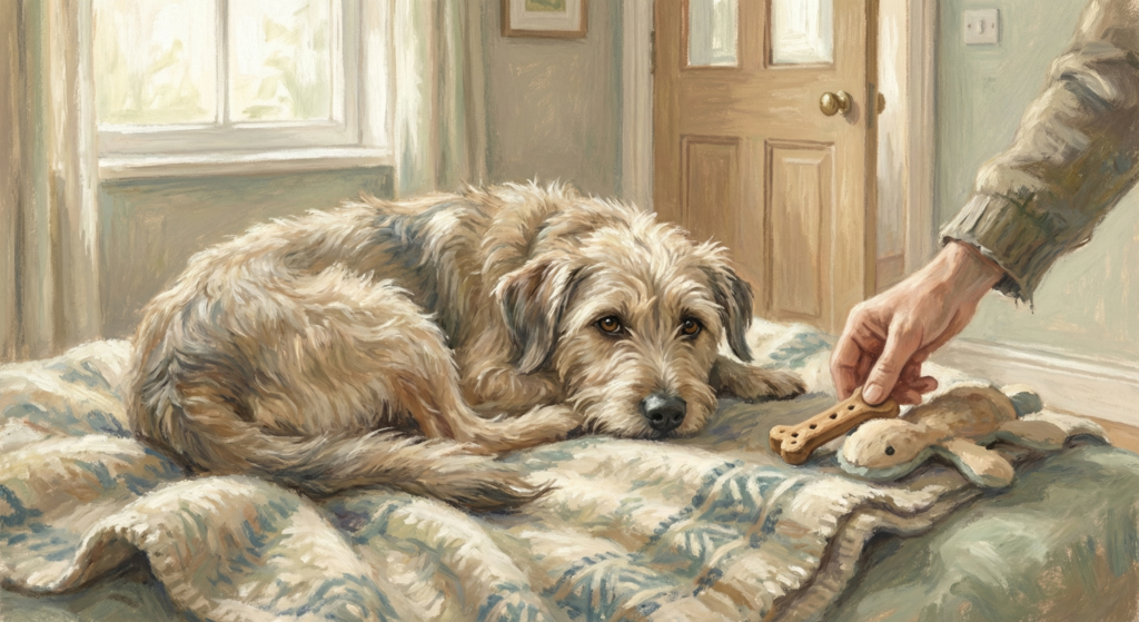 A dog spending time with its owner and being given a bisquit.