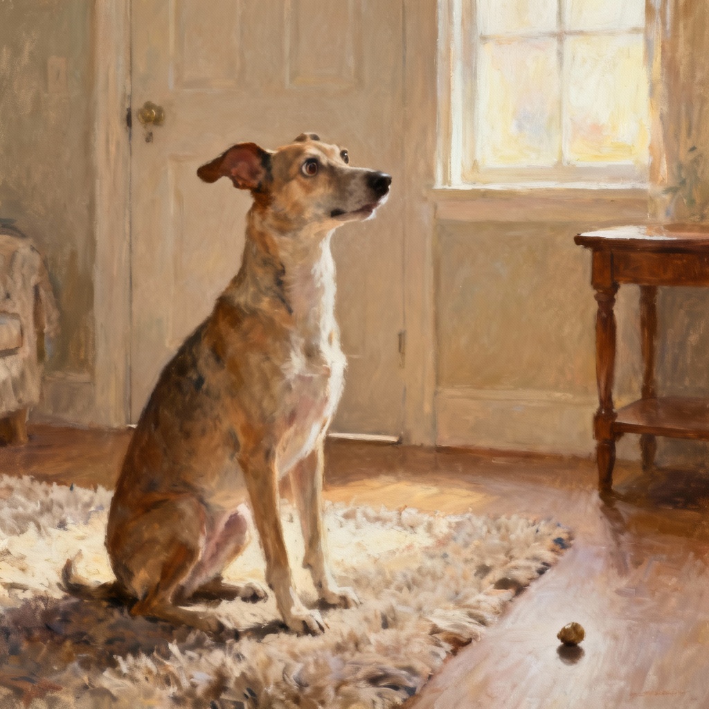 An impressionist-styled painting of a dog that has been startled.