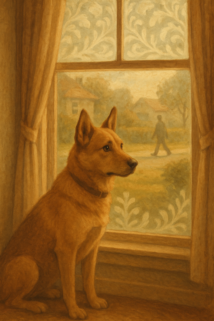 A dog sitting at a window and watching the front yard with alert but calm posture.