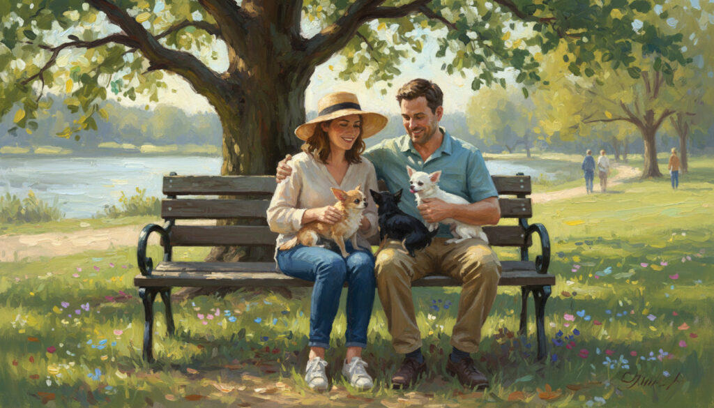 Couple in park with their three chihuahuas.