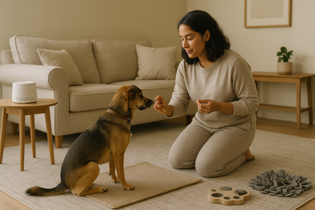 Woman training dog on Go To Mat.