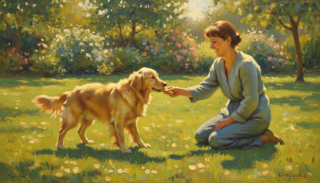 Woman feeding golden retriever a treat.