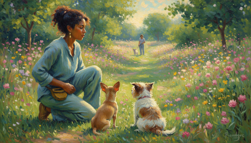 Woman training two dogs.