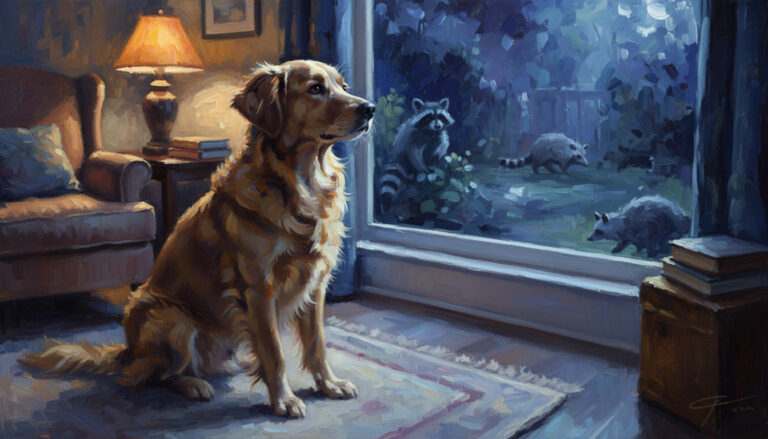Golden retriever at window at night watching three racoons in the dark.