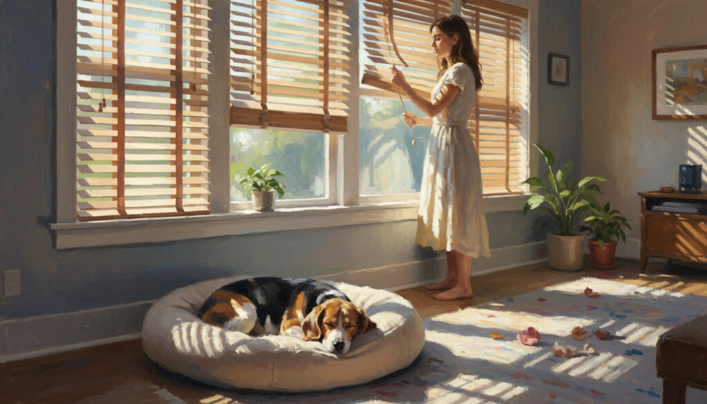Woman closing blinds so her dog stays calm.