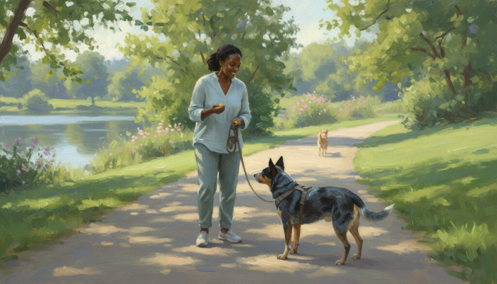 Woman with German shepherd on path.