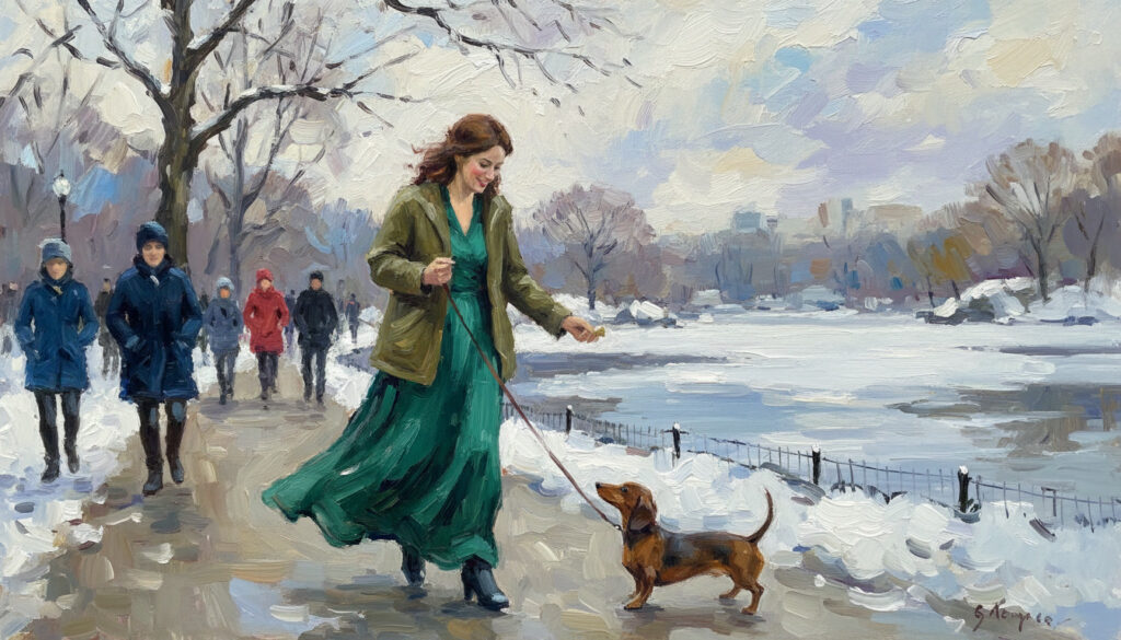 Woman feeding dog in central park.