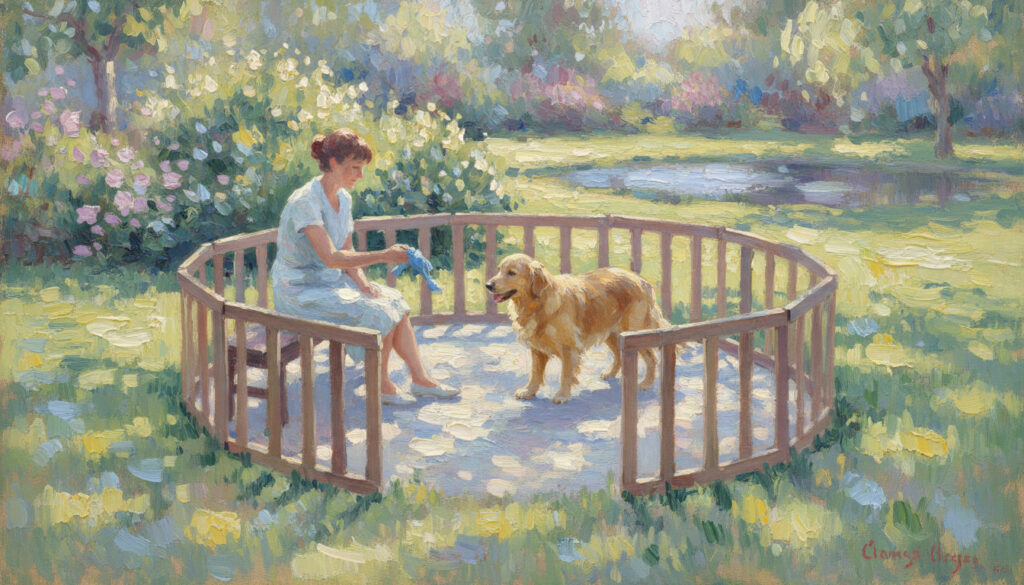 Woman with dog in playpen in backyard calming the dog.