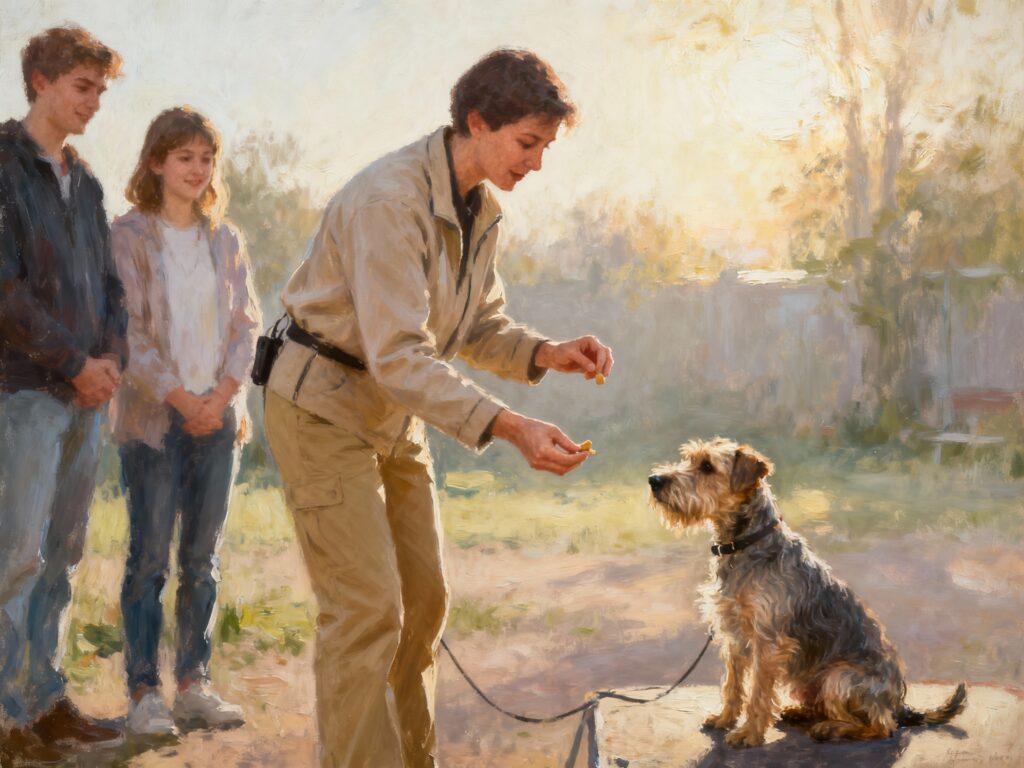 Woman training dog on a pedastal with two onlookers in a backyard.