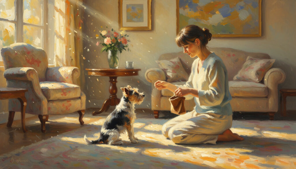 Woman in living room training small dog. Sun streaming in through the window.