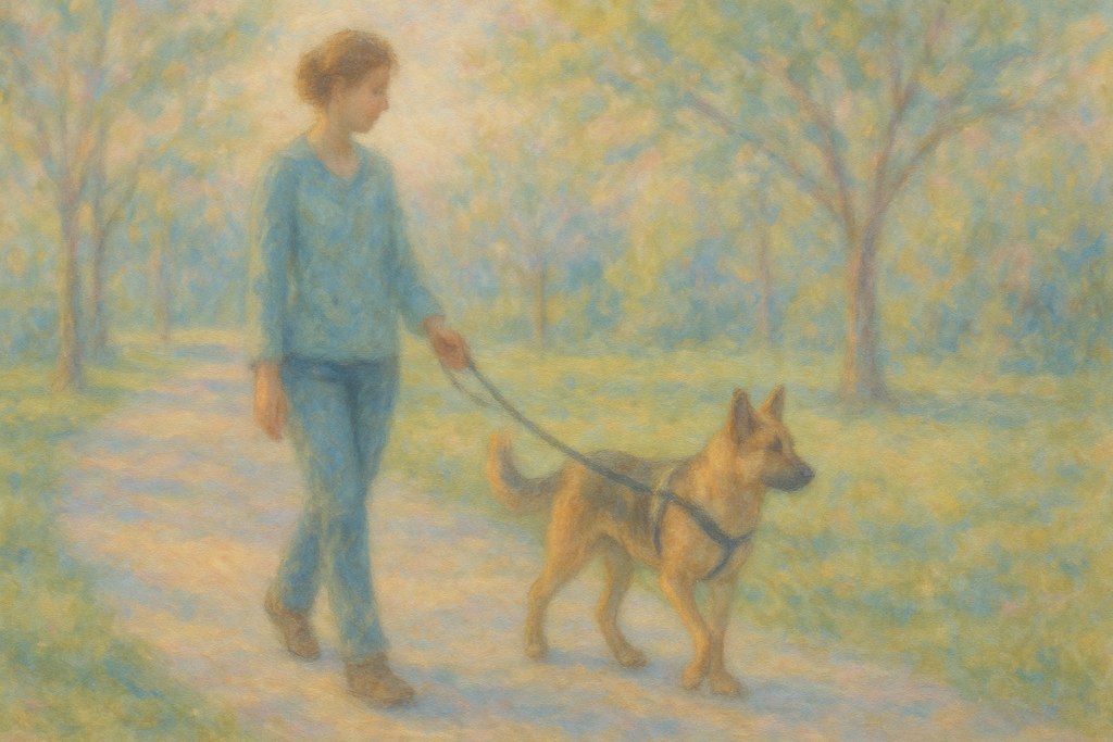 An impressionist style painting of a woman walking a German Shepherd on a leash with full harness. In a park on a path.