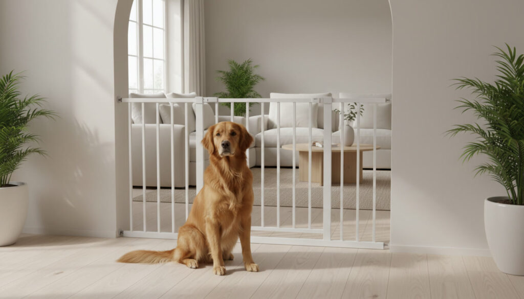 Golden retriever with a baby gate in a living space that is well-lit.