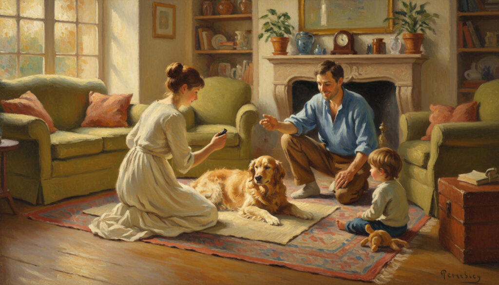 Family training golden retriever in study near the fireplace painted in an impressionist style.