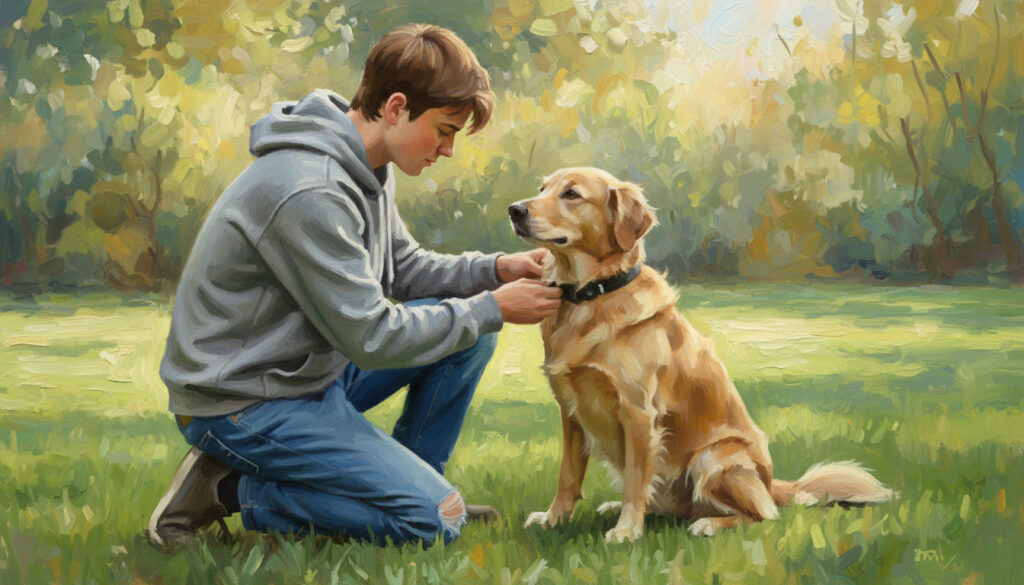 Boy humanely collaring his golden retriever.