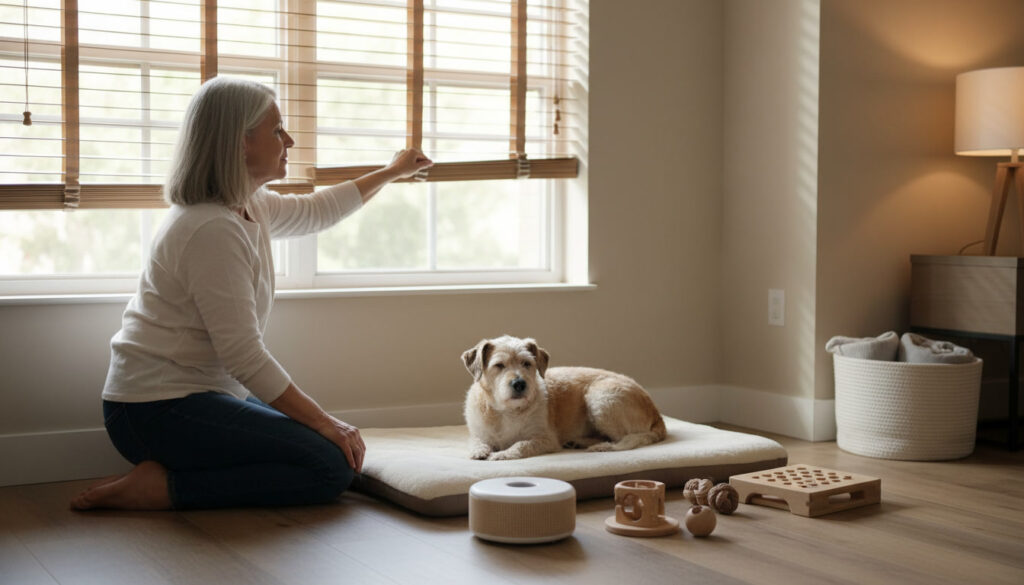 A woman closing her blinds to keep her dog calm.