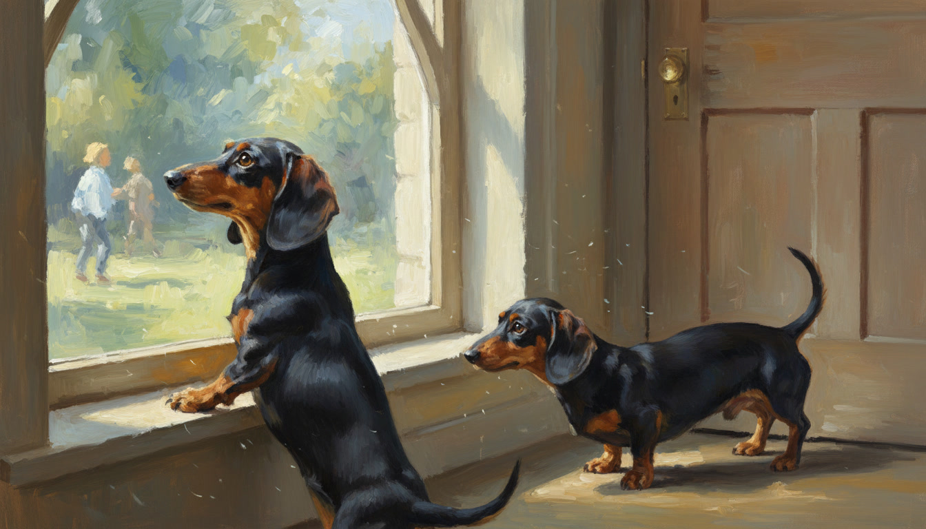 Two dachshunds at the window considering barking.
