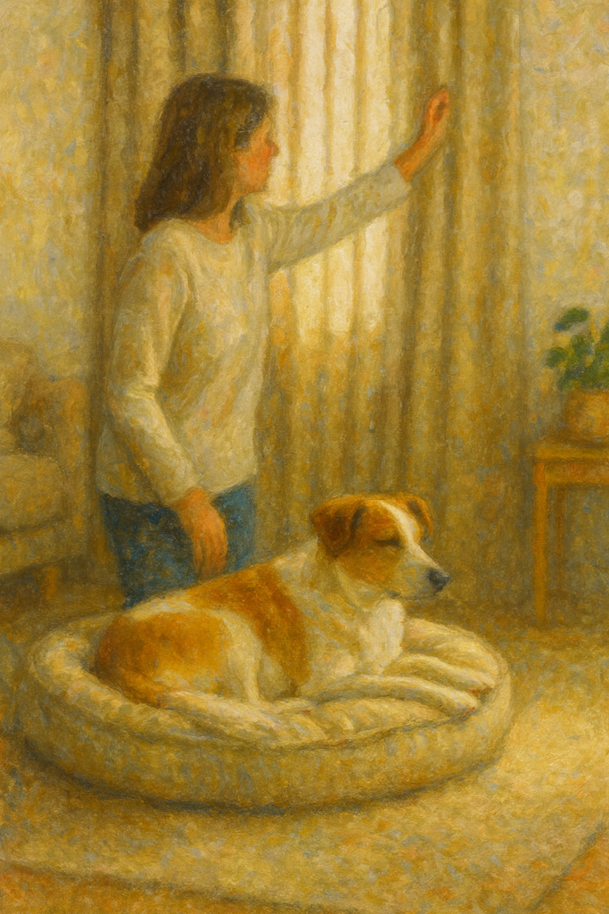 Woman closing blinds for dog to help it be calm.