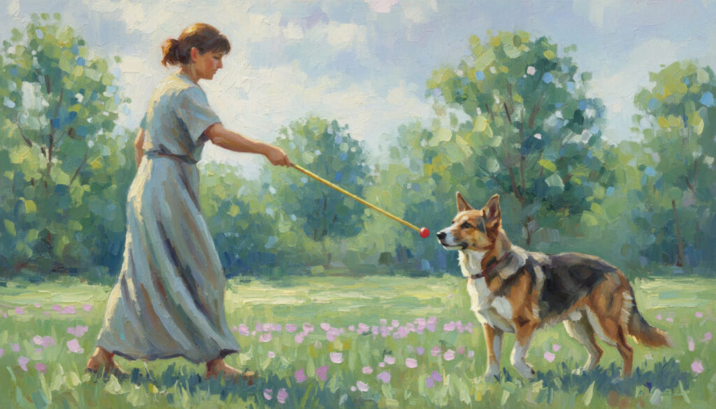 Woman training dog in park with stick toy.