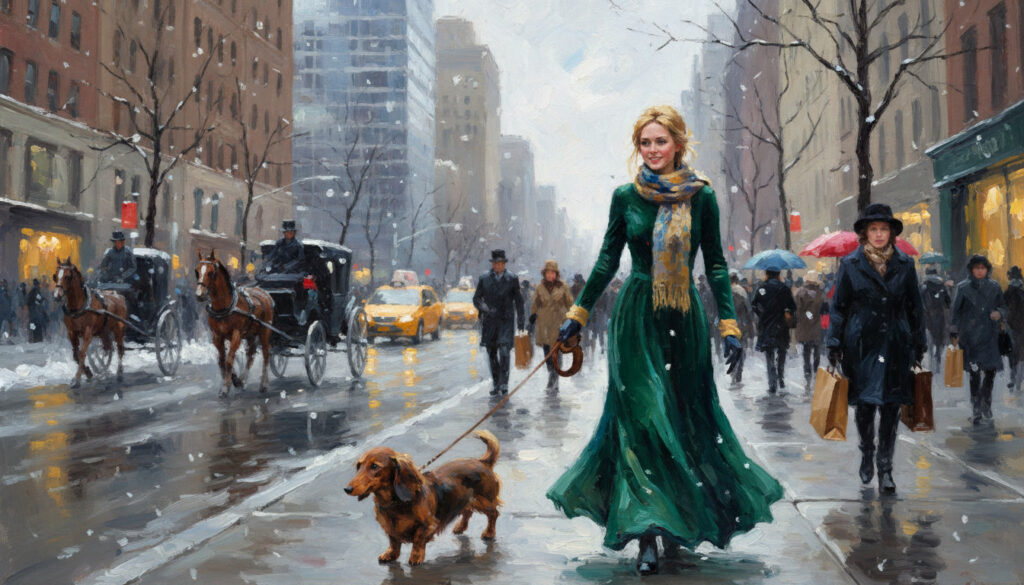 Woman walking dachshund in Manhattan.
